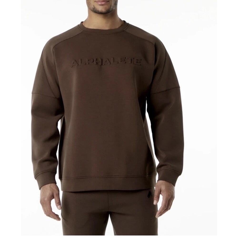 Alphalete Men's ELMTS Crewneck Pullover Sweatshirt Sz L Chocolate Brown Spellout